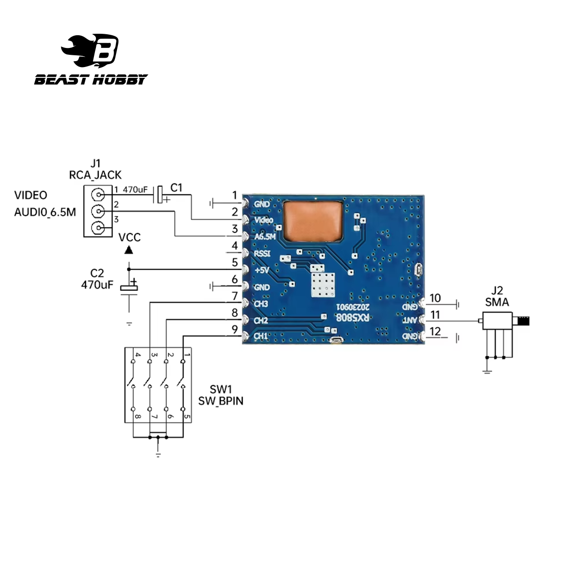 BeastHobby RX5808 5.8G 48CH Raceband A/V Receiver Module for RC FPV Racer Racing Drone Transmissions