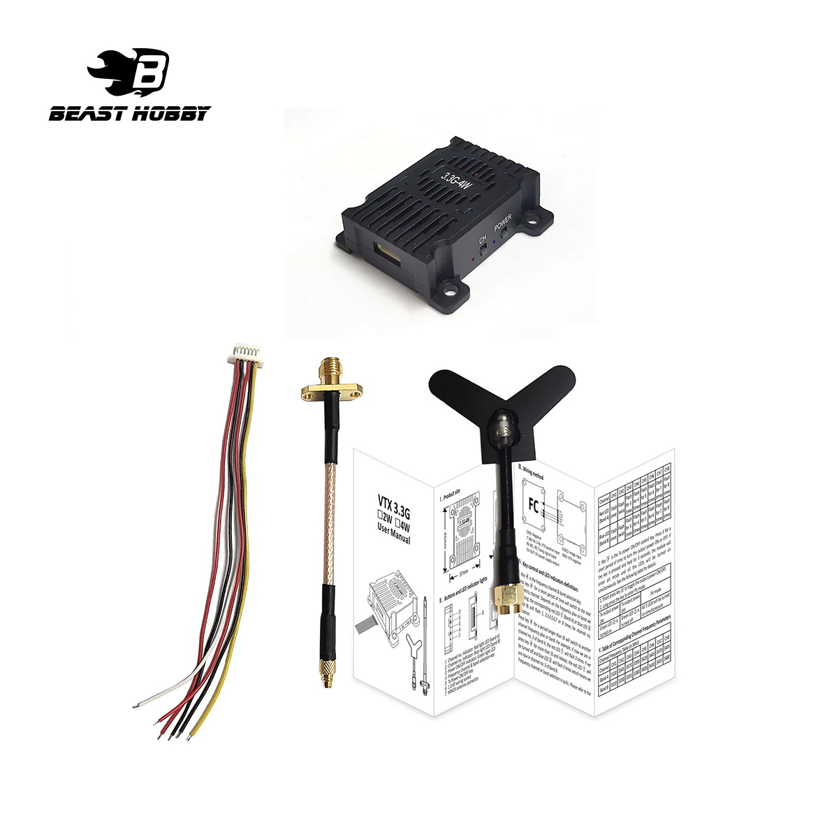 BeastHobby 3.3GHz 4W FPV Video Transmitter VTX 8CH 4000mW 3.3G VRX Receiver Kit for FPV RC Racing Drone Goggles ﻿